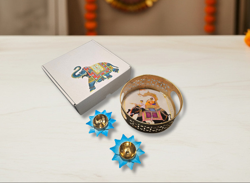 Complete Diwali favor set with lattice basket two colorful enamel lotus diyas and elephant print decorative box