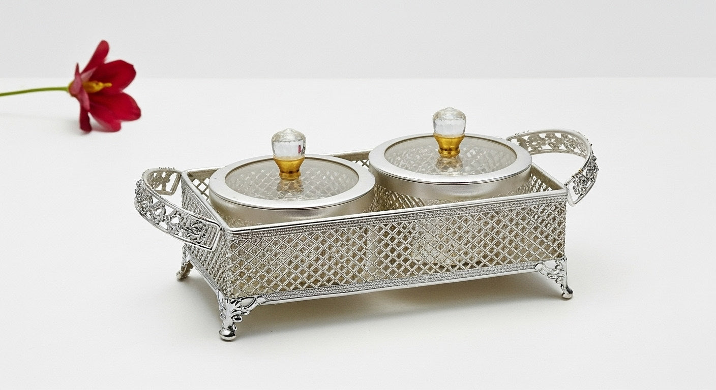 Three piece covered serving set showing metallic silver finish bowls with lids and ornate filigree tray for Diwali entertaining