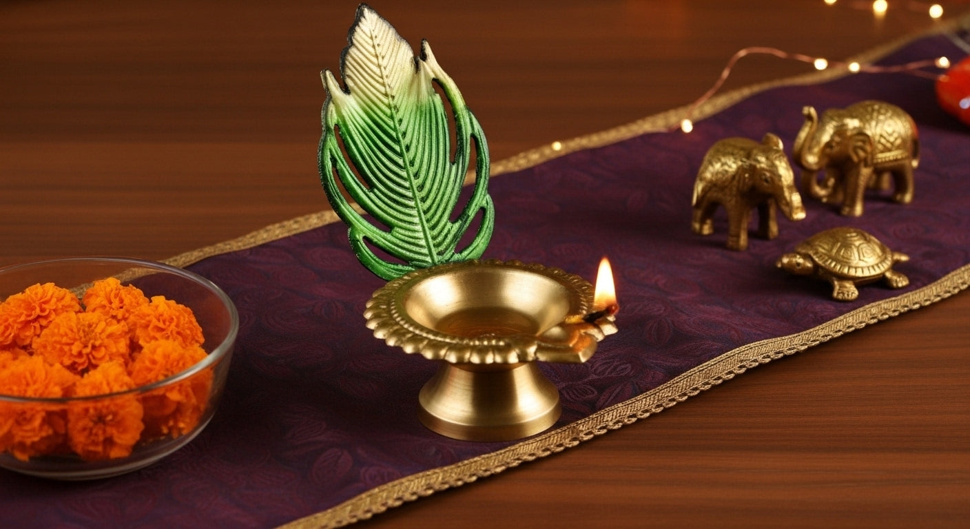 Gold finish leaf diya with hand-painted green detail and lit tea light for Diwali home decor