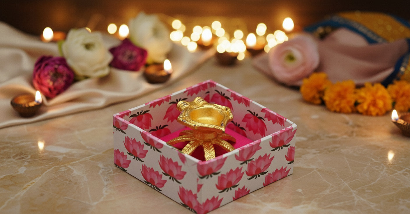 Close up of Diwali return gift showing gold leaf diya in lotus design box with festive lights and flowers for party favor presentation