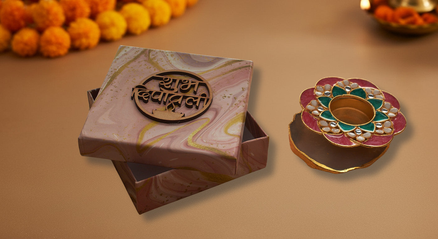 Close up of premium meenakari lotus diya showing detailed enamel work pearl embellishments and natural agate stone base for statement Diwali decor