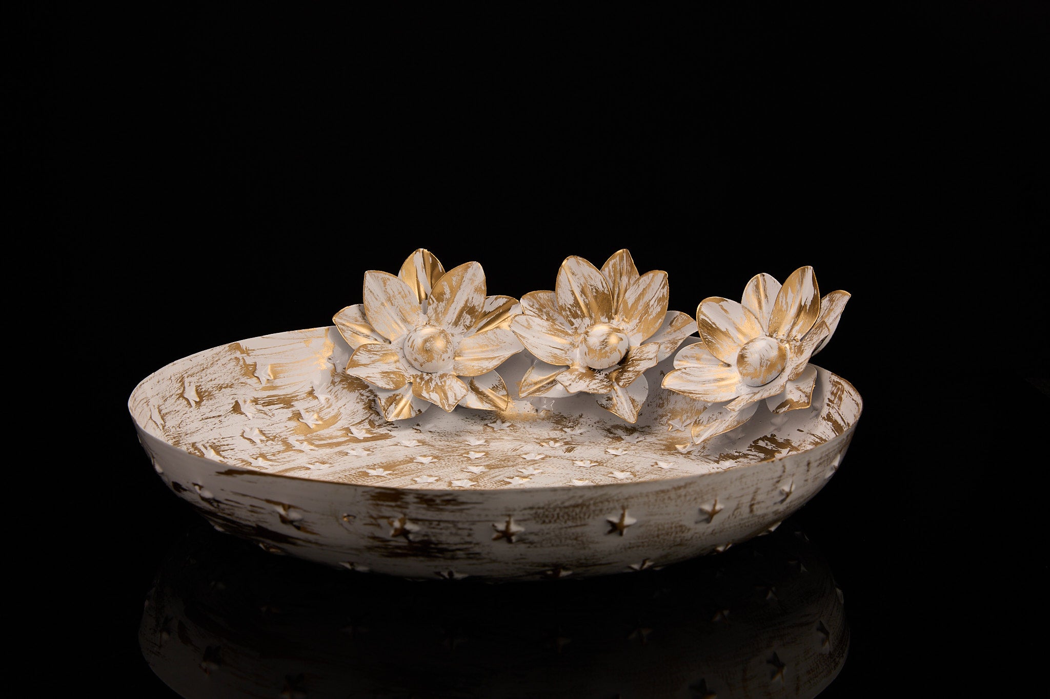 Distressed white lotus urli centerpiece with three dimensional flowers and vintage gold accents for shabby chic farmhouse decor