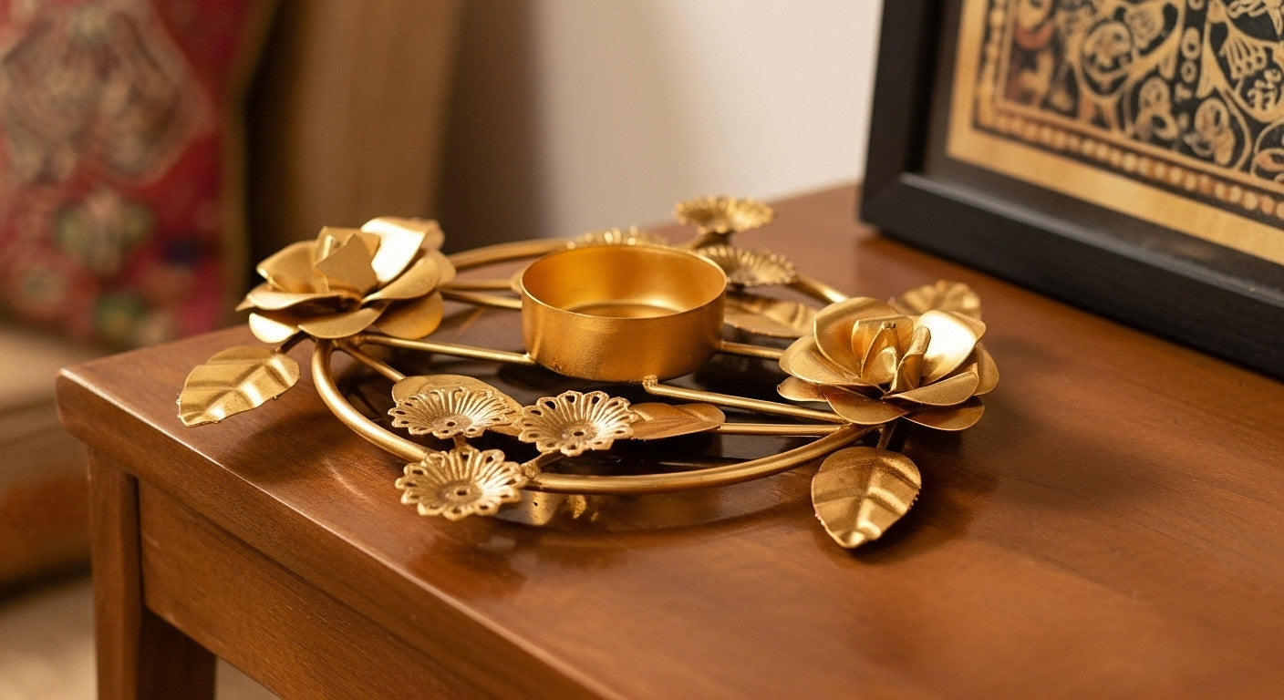 Close up of gold finish floral diya centerpiece showing botanical rose and sunflower design with dimensional leaves