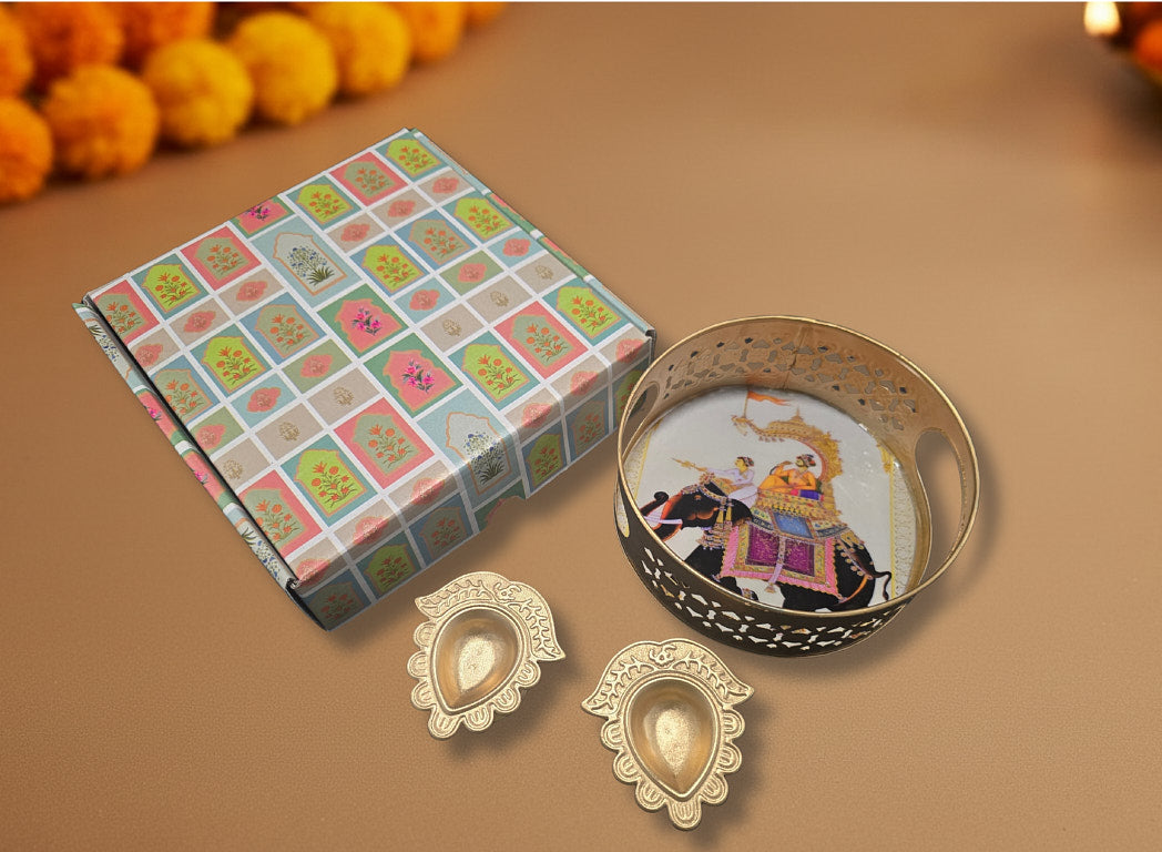 Diwali favor gift set with gold lattice tray 2 leaf diyas and colorful botanical pattern decorative box assorted packaging variation
