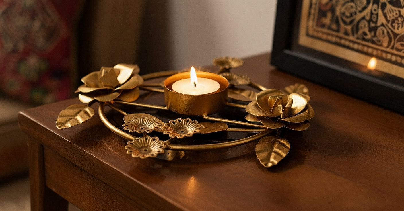 Gold botanical diya centerpiece with adjustable rose diyas on dark wood surface showing versatile display options