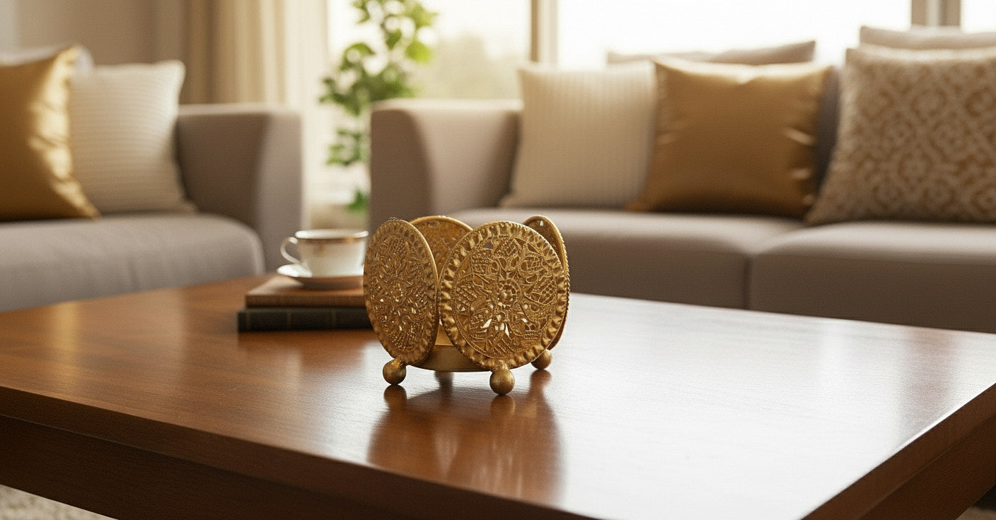 Decorative gold filigree diya holder with intricate cutout pattern styled in a living room