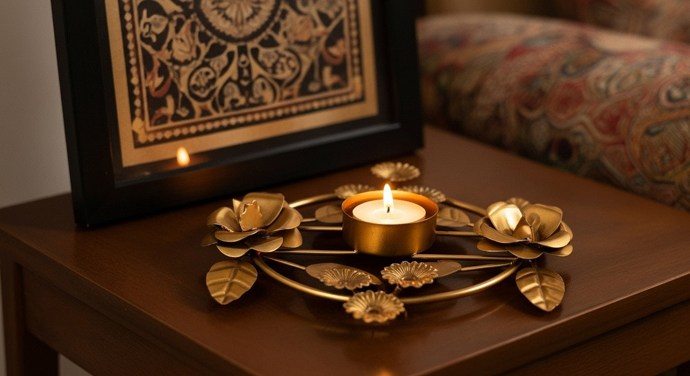 Lit floral diya centerpiece creating warm ambiance on console table showing tea light glow through botanical design