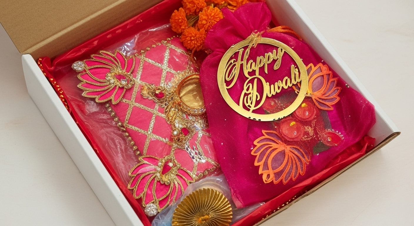 Complete Diwali gift set in premium white box with pink tissue marigold flowers and Happy Diwali sign showing rangoli mat diya and ritual container