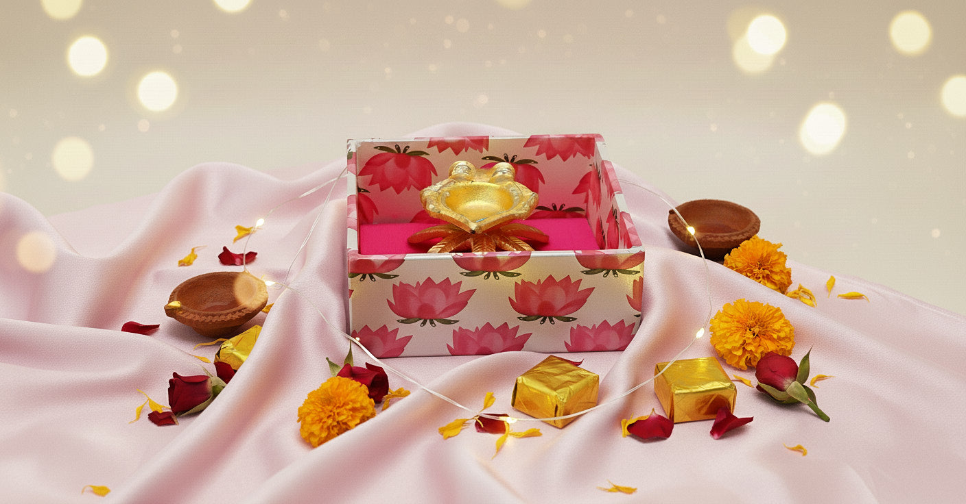 Diwali party favor with decorative gold diya inside lotus-patterned reusable gift box surrounded by marigold flowers and traditional clay diyas