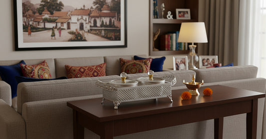 Diwali covered serving set styled on modern coffee table in contemporary American living room showing traditional meets modern home decor