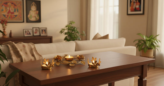 Floral diya centerpiece with rose diyas styled on modern coffee table in contemporary living room showing botanical Diwali decor in American home