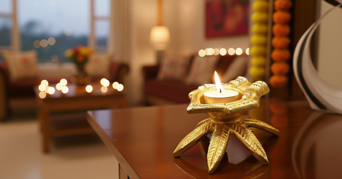 Gold decorative diya in lotus gift box displayed on modern living room side table with bokeh lights creating festive Diwali atmosphere