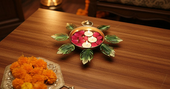 Diwali urli gift set styled on modern wooden coffee table showing traditional meets contemporary home decor USA