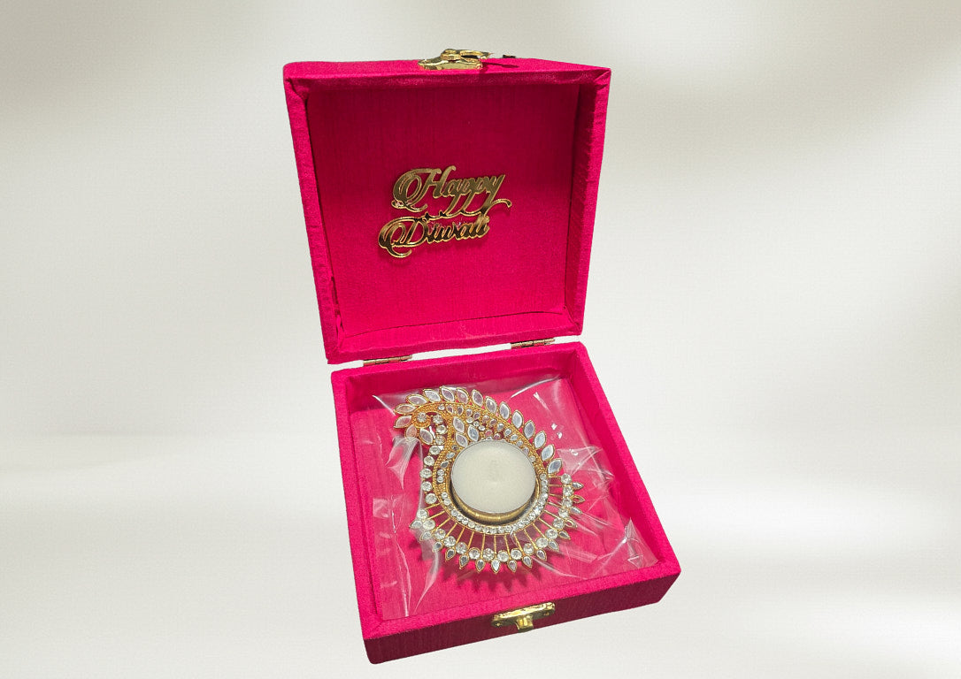 Handcrafted mirror work diya with traditional shisha craft in premium wooden gift box with pink satin lining for Diwali favor