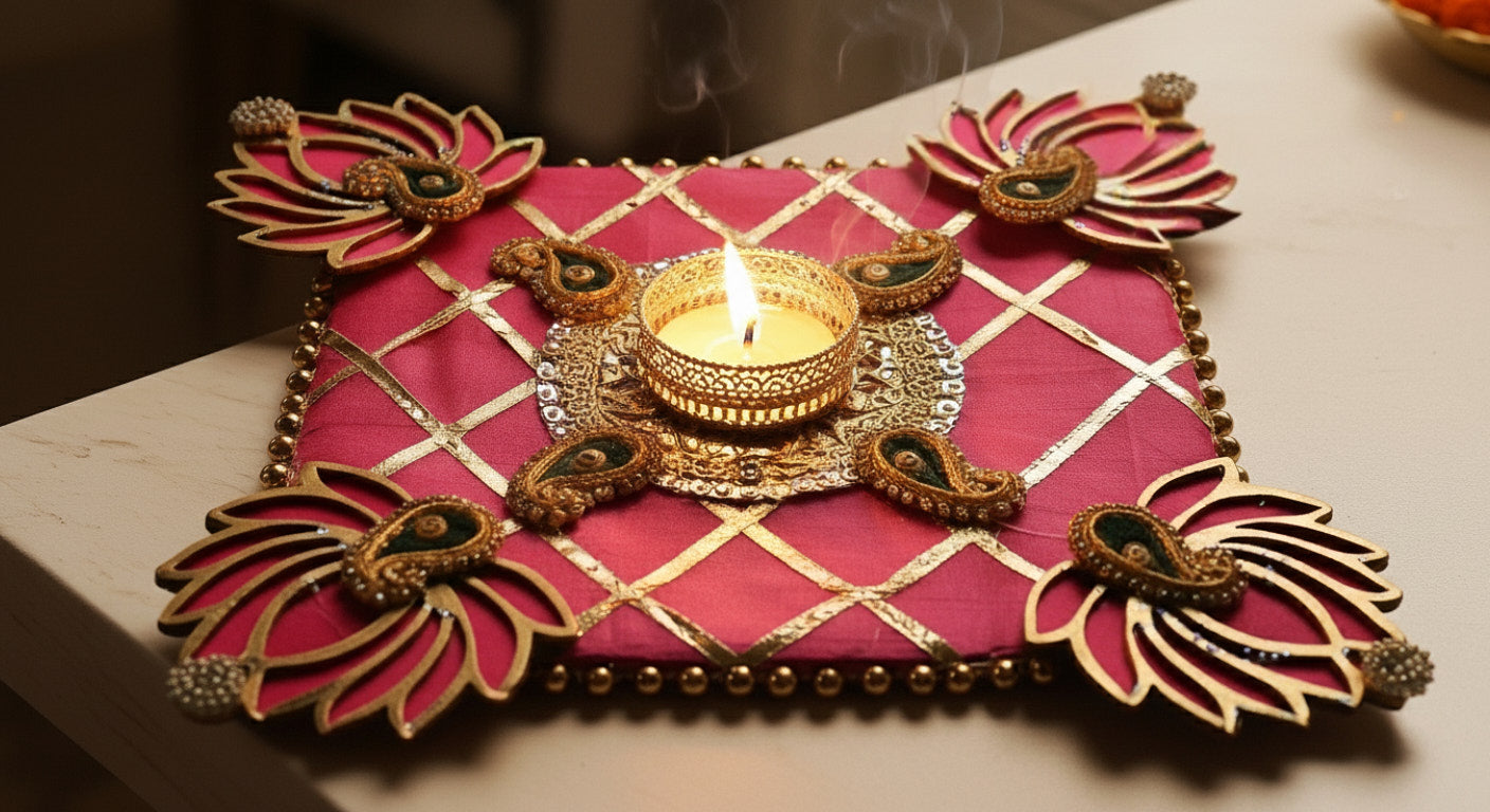 Handcrafted Diwali rangoli mat with ornate metal diya lit with candle showing traditional festive centerpiece decor