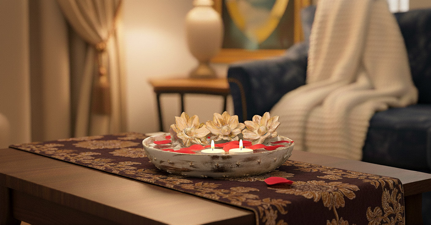 Distressed white lotus urli displayed on coffee table with lit tea lights in contemporary neutral living room showing farmhouse aesthetic