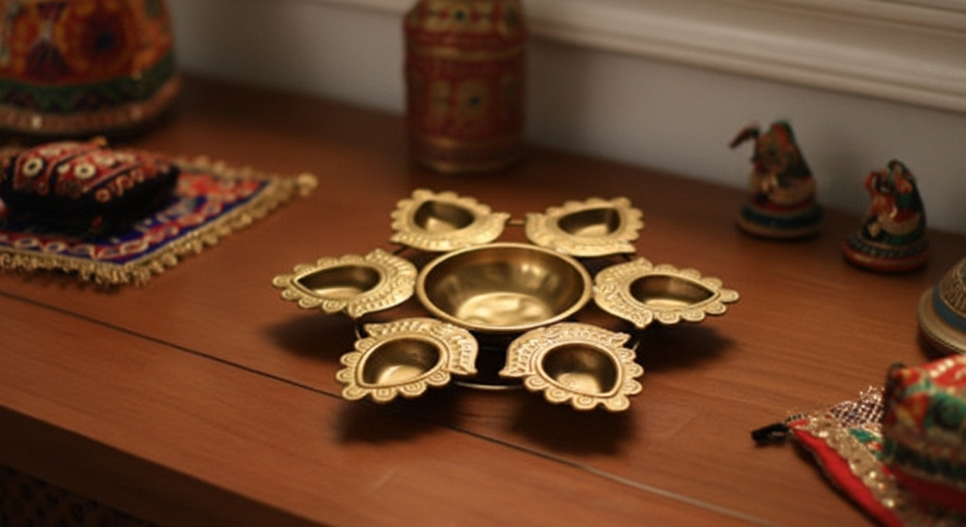 Traditional rangoli urli diya plate displayed on wooden console table with Indian decorative items showing authentic festival home styling
