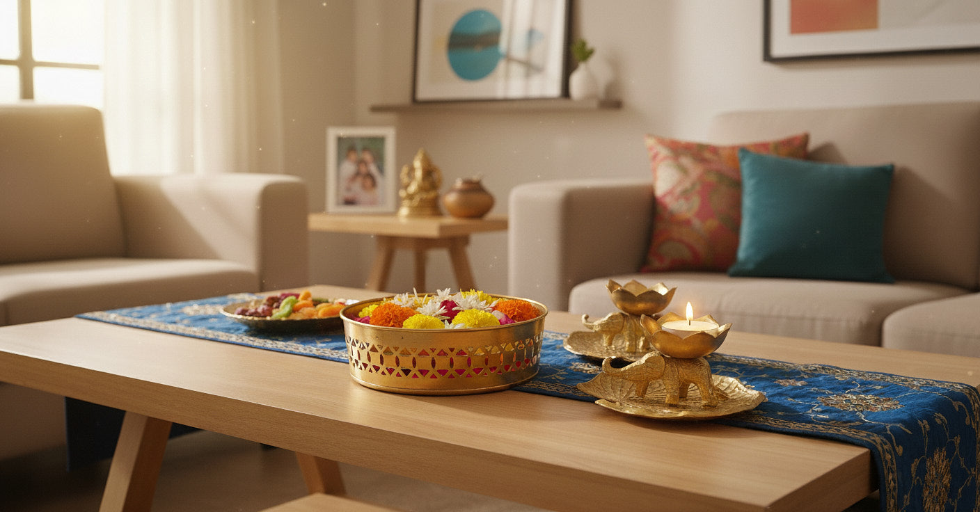 Premium Diwali gift set styled on modern living room coffee table with blue runner showing elephant basket diyas and coasters in contemporary American home