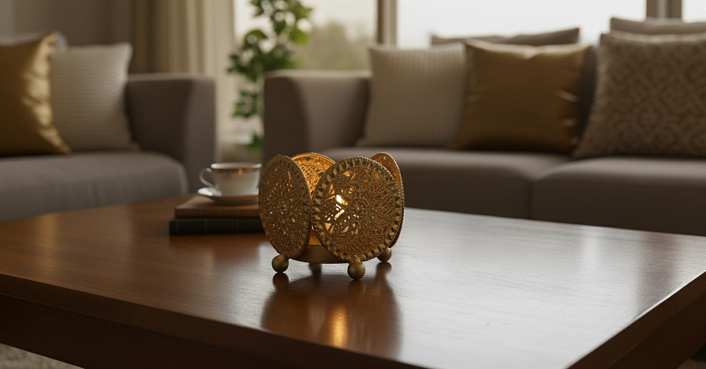 Decorative gold filigree diya holder with intricate cutout pattern and lit tea light styled in a modern living room
