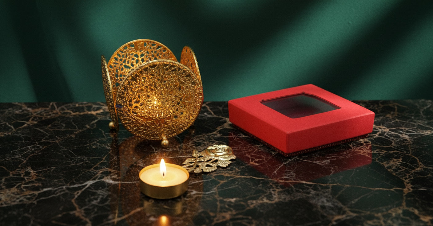 Decorative gold filigree diya holder with intricate cutout pattern and lit tea light for Diwali favor gift in organza bag