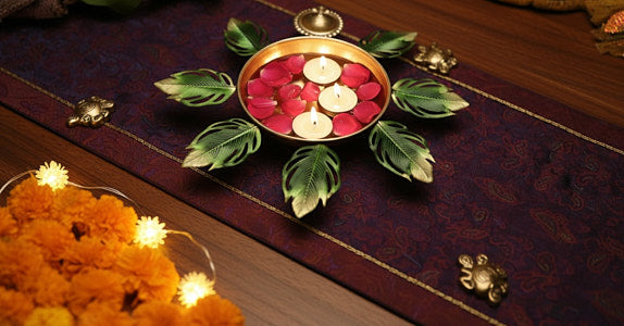Diwali urli gift set with gold finish leaf diyas on purple table runner with marigold flowers for home decoration