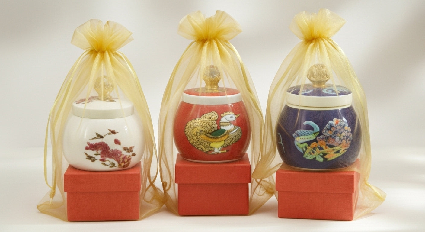 Assorted Diwali favor gifts showing variety of jar designs including white floral red peacock and blue peacock for bulk party orders