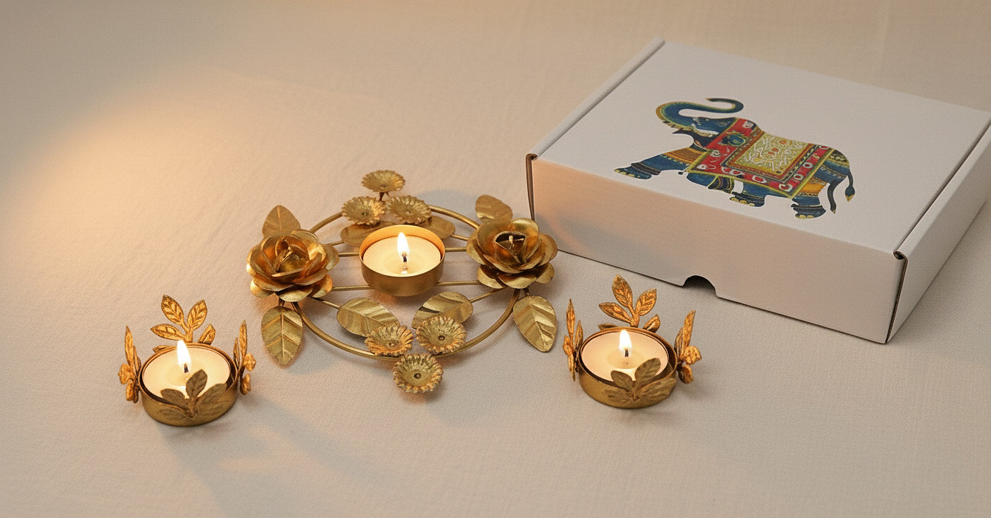 Three piece diwali diya set with floral centerpiece and rose diyas displayed with decorative elephant print gift box