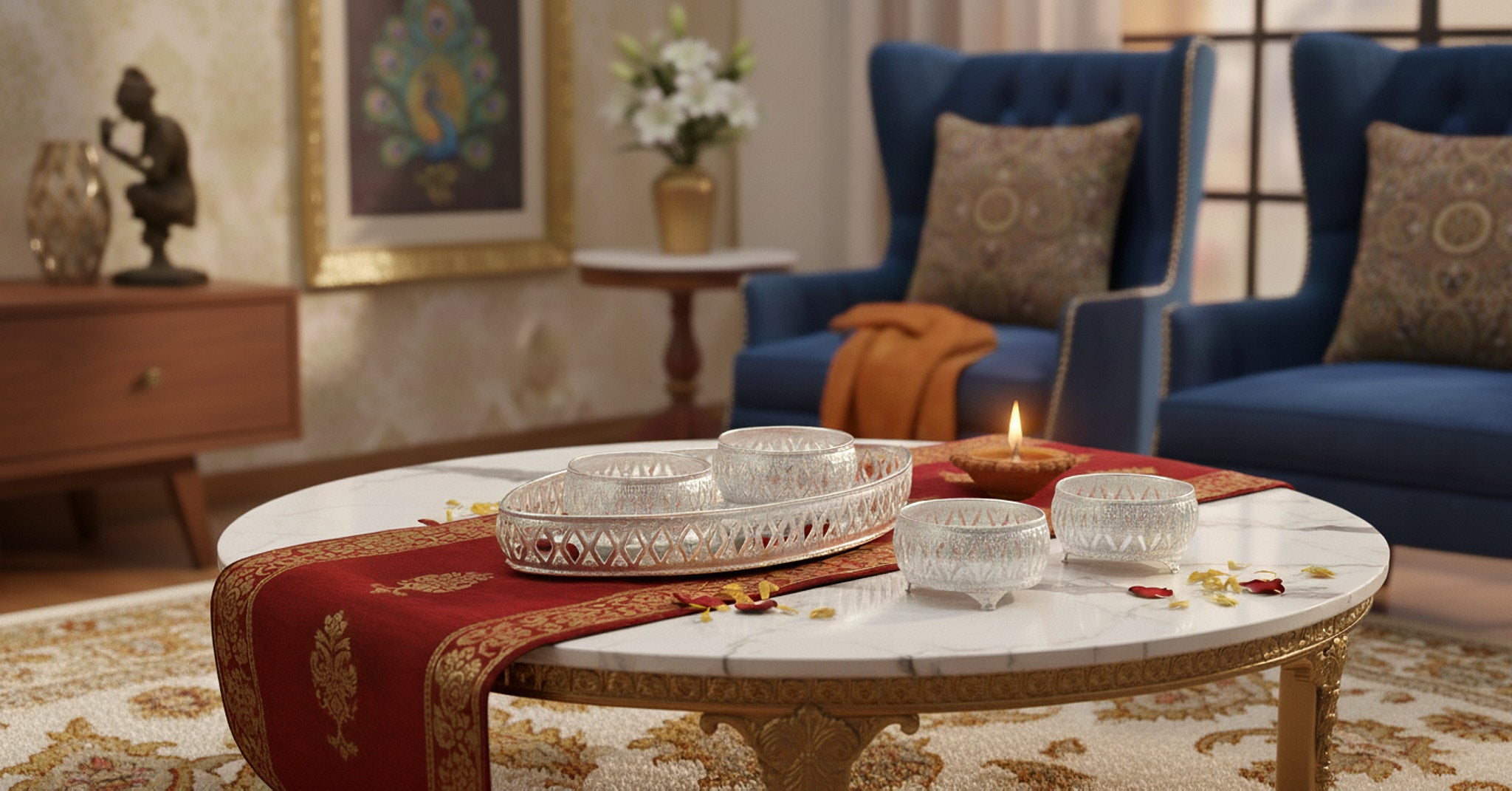 Traditional Indian silver serving set with filigree cutwork bowls styled on modern coffee table for Diwali home decoration