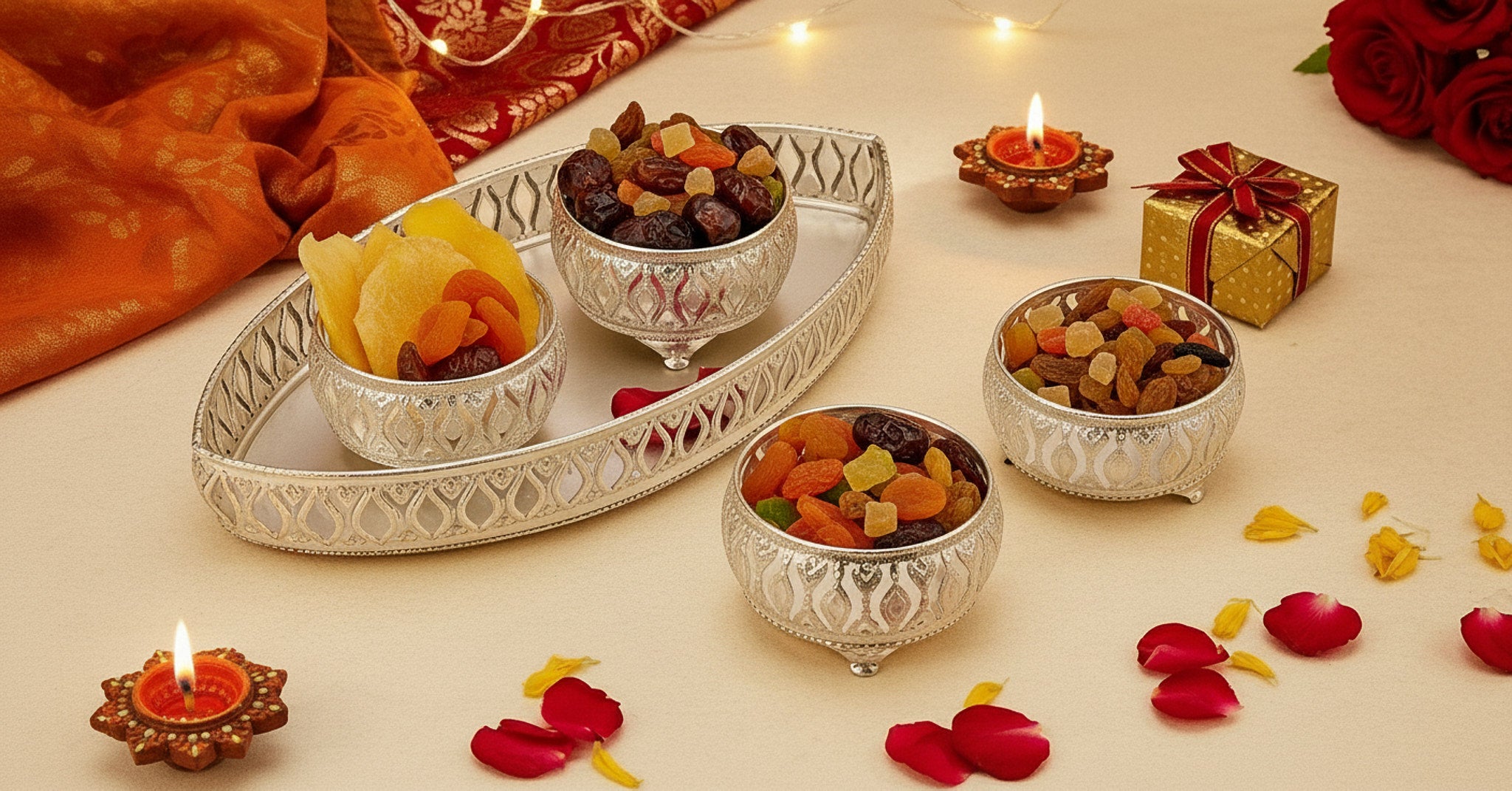 Diwali hostess gift set - silver serving tray with decorative bowls for Indian festival celebration and home decor USA