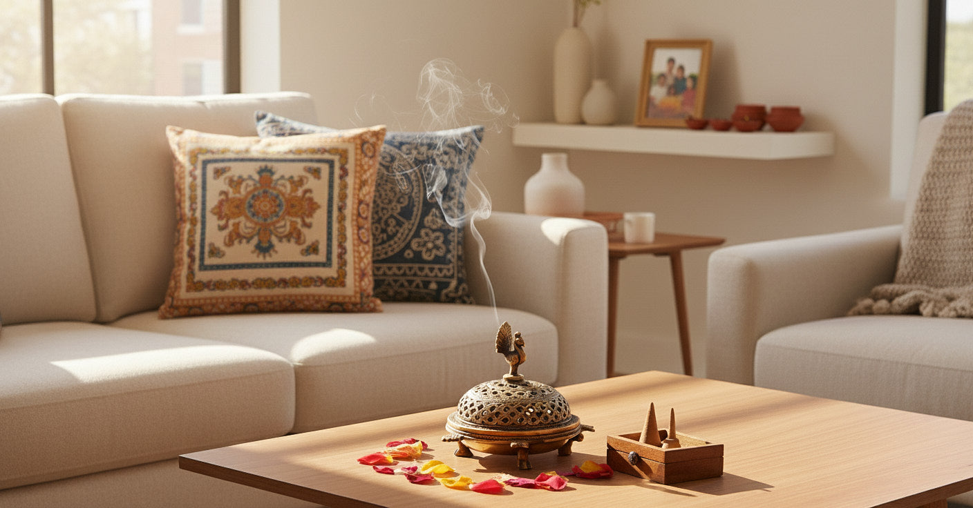 The brass incense burner shown with its lid off to the side, revealing the inner bowl where charcoal and bakhoor can be placed